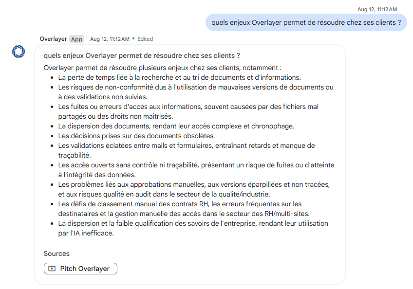 Assistant mobile Overlayer - Chatbot IA conversationnel pour interroger la base de connaissances d'entreprise avec sources et références