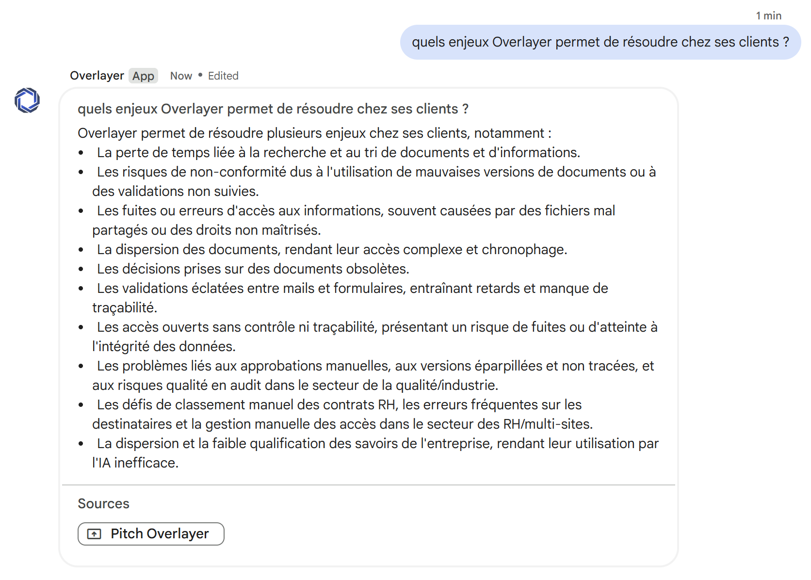 Agent IA Overlayer dans Google Chat - Interface conversationnelle pour interroger la base de connaissances d'entreprise avec réponses détaillées